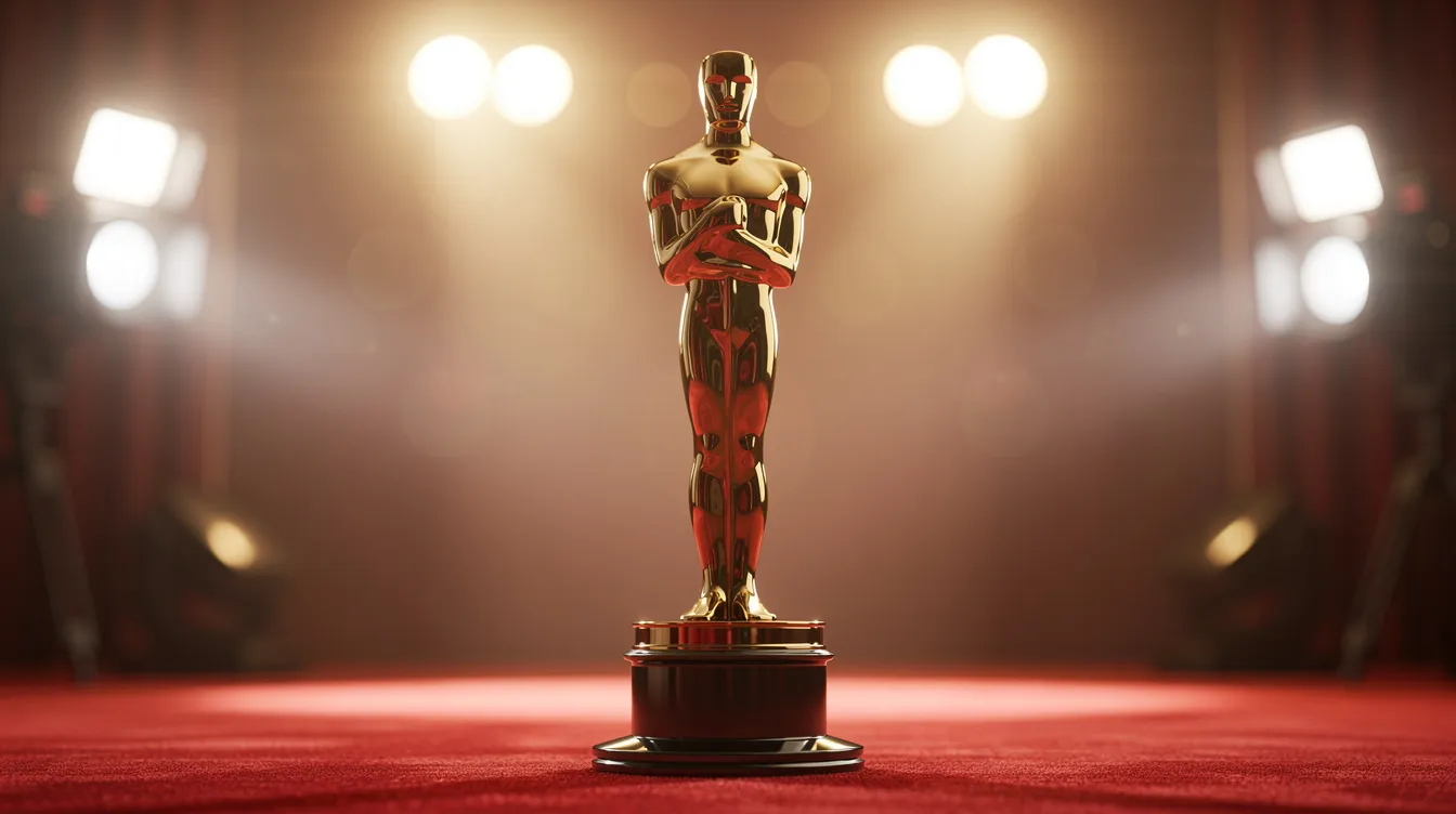 Eine goldene Filmtrophäe steht auf einem roten Teppich, beleuchtet von warmem Licht, während im Hintergrund unscharfe Scheinwerfer leuchten. Diese Auszeichnung symbolisiert die renommierten Golden Globe Awards, die für herausragende Leistungen in Film und Fernsehen verliehen werden.