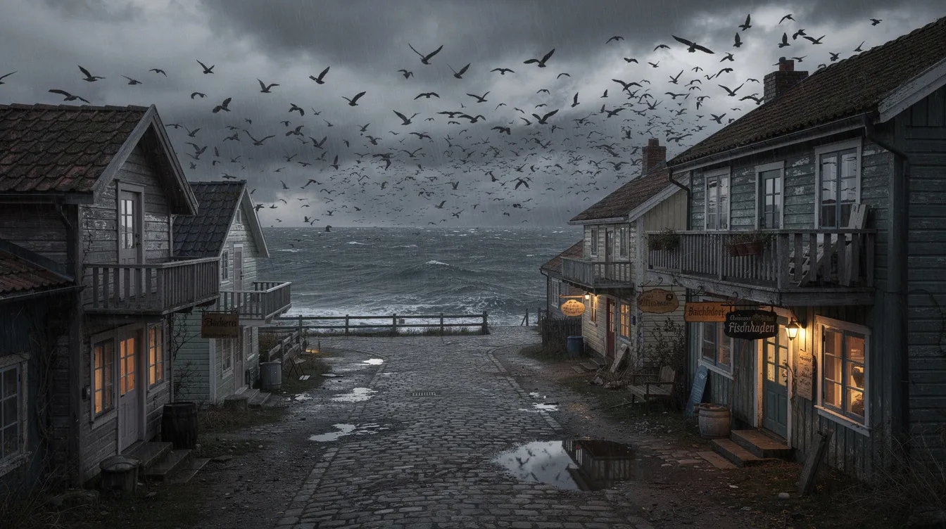 Ein Schwarm dunkler Vögel fliegt bedrohlich über eine kleine Küstenstadt mit malerischen Holzhäusern, während ein dramatischer grauer Himmel die Szene dominiert. Diese düstere Atmosphäre erinnert an die Spannung und den Stil von Alfred Hitchcock, der meisterhaft mit Angst und Abgründen spielt.