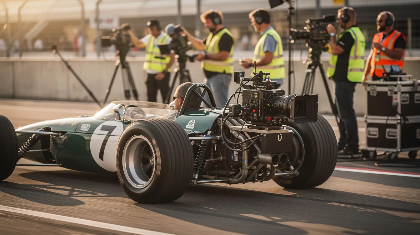 Auf dem Bild ist ein Filmkamera-Rig an der Seite eines klassischen offenen Rennwagens montiert, während im Hintergrund Mitglieder des Filmteams Equipment anpassen. Diese Szene könnte aus einem Actionfilm über die Rivalität zwischen Rennfahrern wie James Hunt und Niki Lauda stammen, was die Atmosphäre des Rennsports und der Formel 1 unterstreicht.
