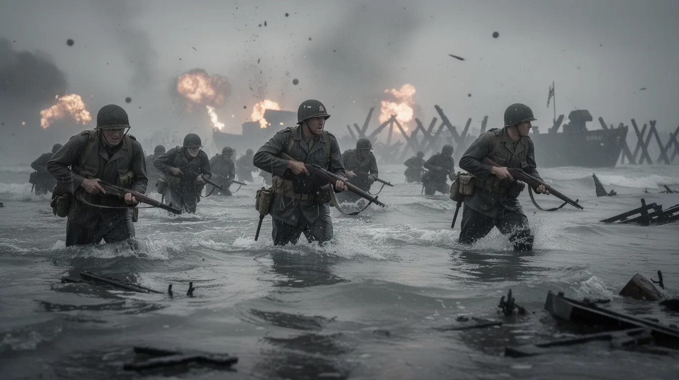 Eine Gruppe von Soldaten watet durch knietiefes Wasser auf einen rauchverhangenen Strand zu, während im Hintergrund Explosionen zu hören sind. Diese düstere Szenerie erinnert an die dramatischen Szenen aus „Der Soldat James Ryan“ und spiegelt die Realität des Zweiten Weltkriegs wider.