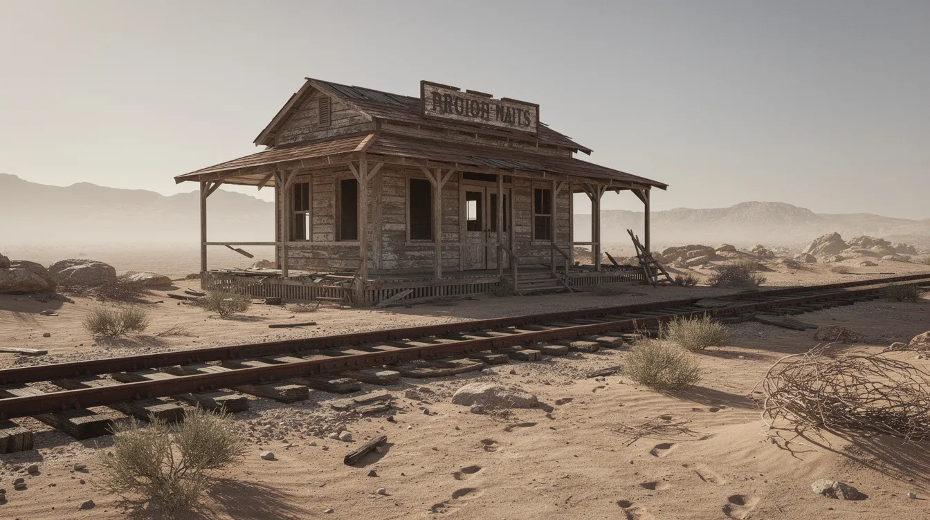 Die Bildbeschreibung zeigt eine staubige, verlassene Bahnstation in einer Wüstenlandschaft, mit einem alten Holzgebäude und rostigen Gleisen, die an die Atmosphäre von Sergio Leones Filmen erinnern. Diese Szenerie könnte als Kulisse für eine Interpretation von Ennio Morricones eindrucksvoller Filmmusik dienen, die die Stimmung des Wilden Westens einfängt.