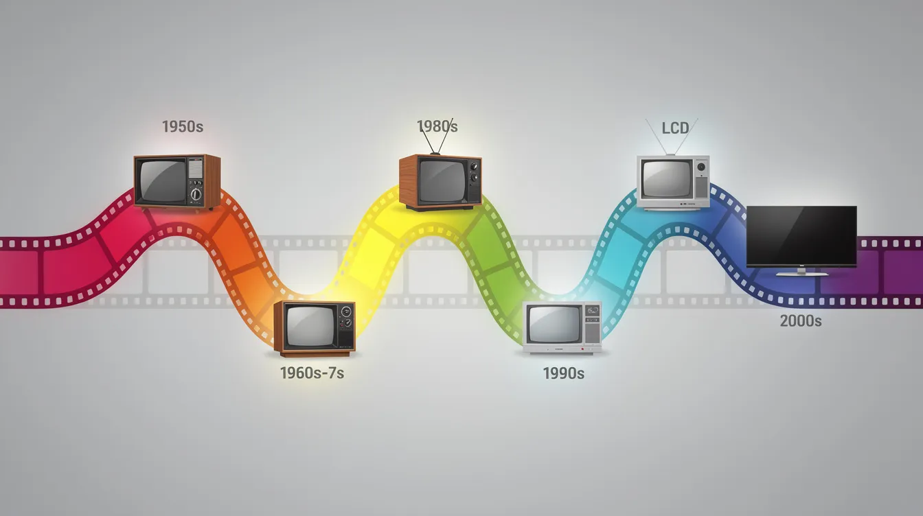 Die stilisierte Zeitleiste zeigt einen Filmstreifen, der sich durch verschiedene Jahrzehnte windet, mit bunten Markierungen und kleinen Fernsehgeräten, die jeweils für verschiedene Epochen stehen. Diese Darstellung erinnert an "Very Special Episodes" von Familien-Sitcoms, in denen wichtige gesellschaftliche Themen behandelt werden.
