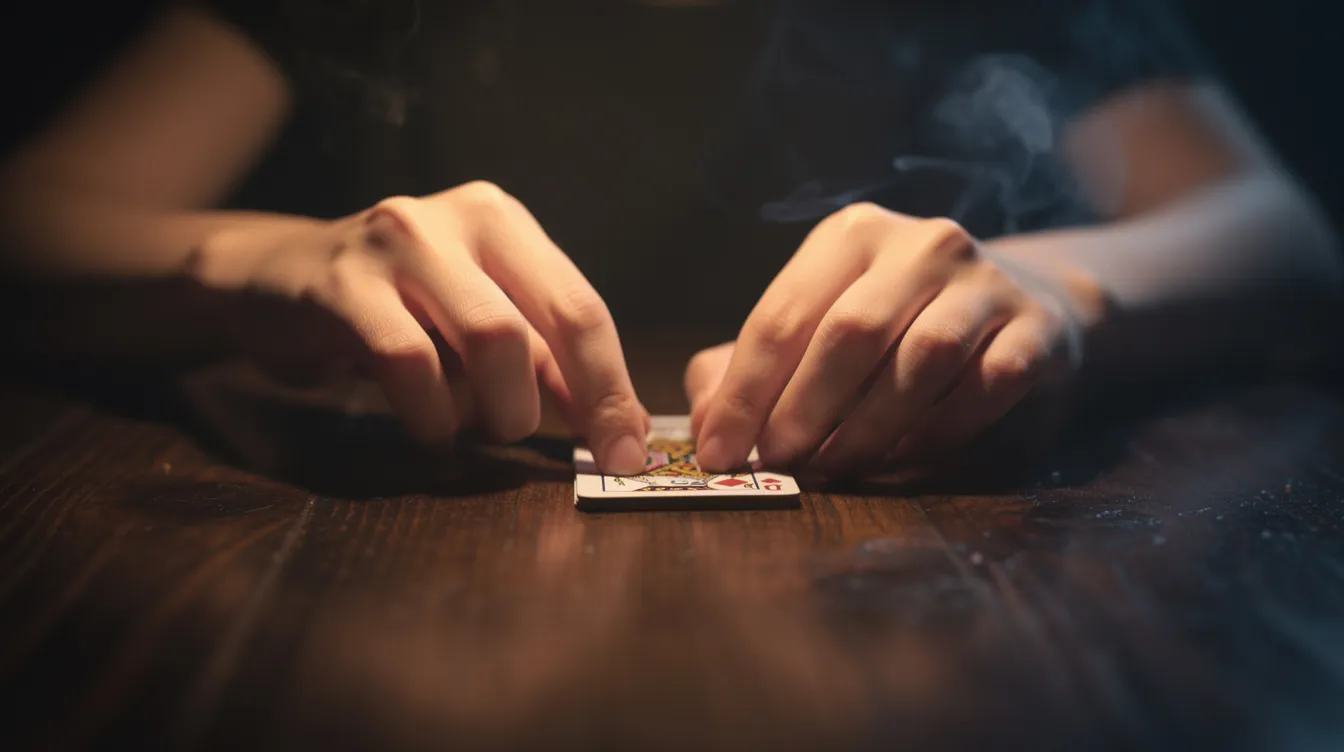 Die Hände eines jungen Menschen legen eine Spielkarte auf einen dunklen Holztisch, während warmes Kerzenlicht eine gemütliche Atmosphäre schafft und Zigarettenrauch im Hintergrund schwebt. Die Szene vermittelt ein Gefühl von Geselligkeit und Spiel, ideal für eine entspannte Runde unter Freunden.