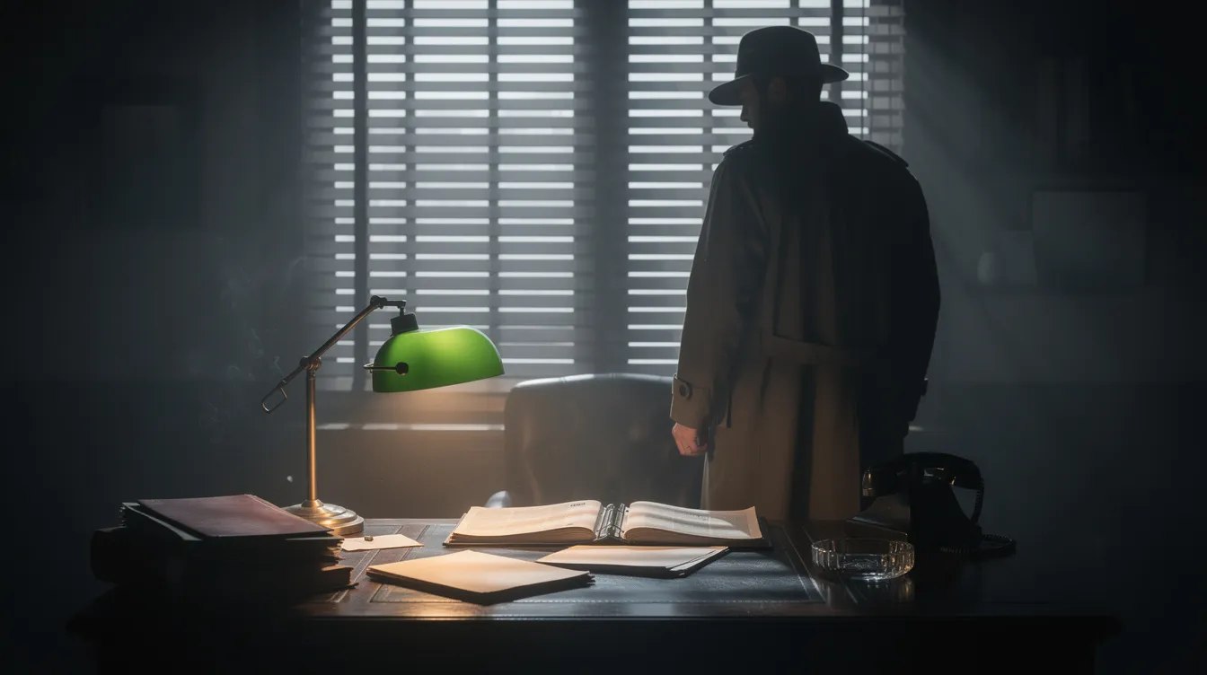 Die Silhouette eines Detektivs steht in einem dunklen Büro, in dem Lichtstreifen durch die Jalousien fallen. Auf dem Schreibtisch sind eine Lampe und Akten zu sehen, die auf die spannungsgeladene Atmosphäre eines Kriminalfilms hinweisen.