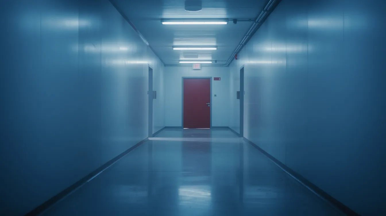 Am Ende eines langen, bläulich beleuchteten Flurs steht eine einzelne rote Tür, die eine geheimnisvolle Atmosphäre ausstrahlt, ähnlich den spannungsgeladenen Momenten aus dem Film "The Sixth Sense". Diese Bildsprache weckt das Gefühl von Ungewissheit und lädt dazu ein, die hinter dieser Tür verborgenen Geheimnisse zu ergründen.