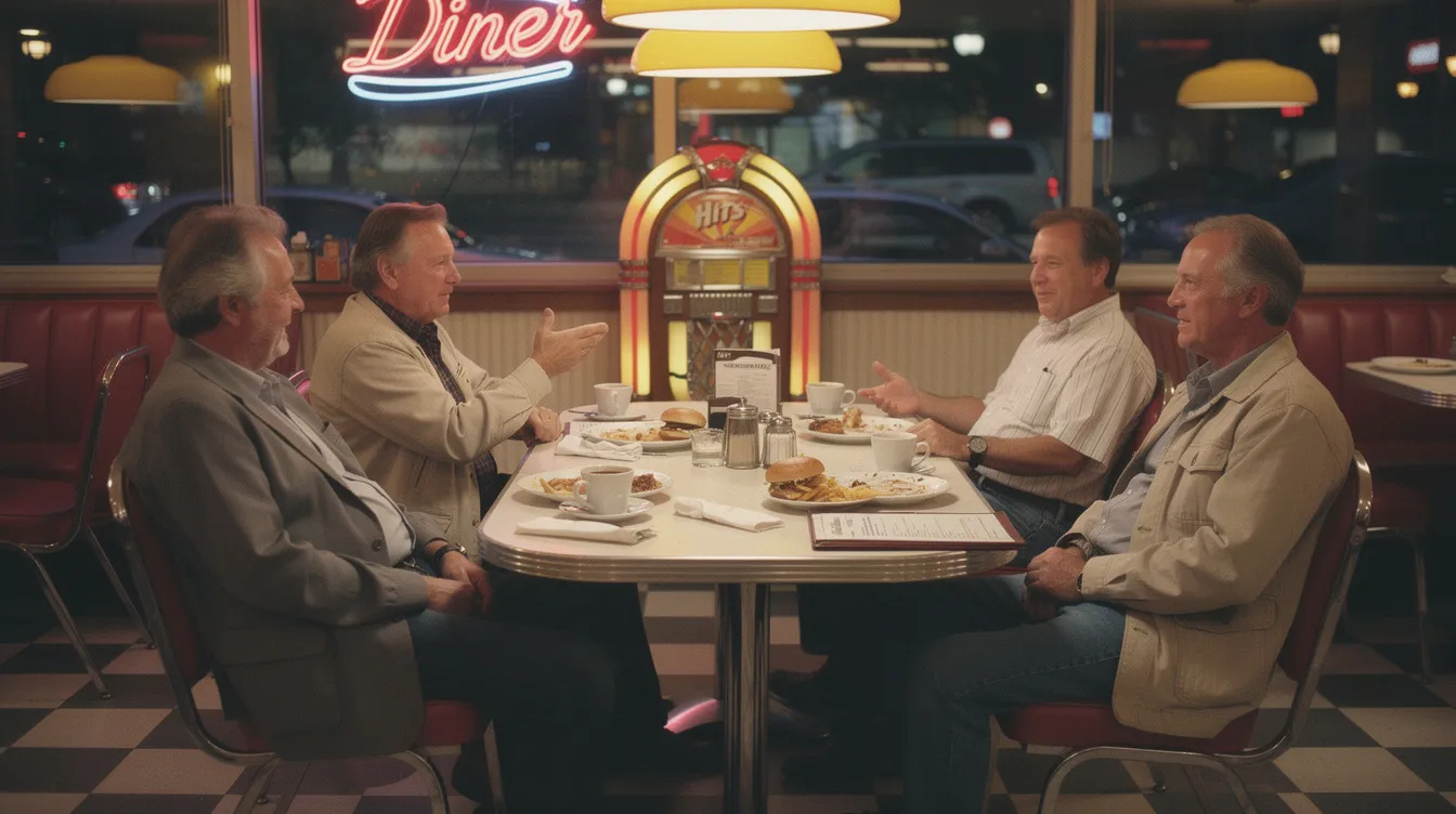 Eine Gruppe von Männern sitzt entspannt um einen runden Tisch in einem amerikanischen Diner der 1990er Jahre, umgeben von Kaffeetassen und Essensresten. Diese Szene erinnert an die Charaktere aus Quentin Tarantinos Film "Reservoir Dogs", die in einem ähnlichen Setting ihre Pläne schmieden.