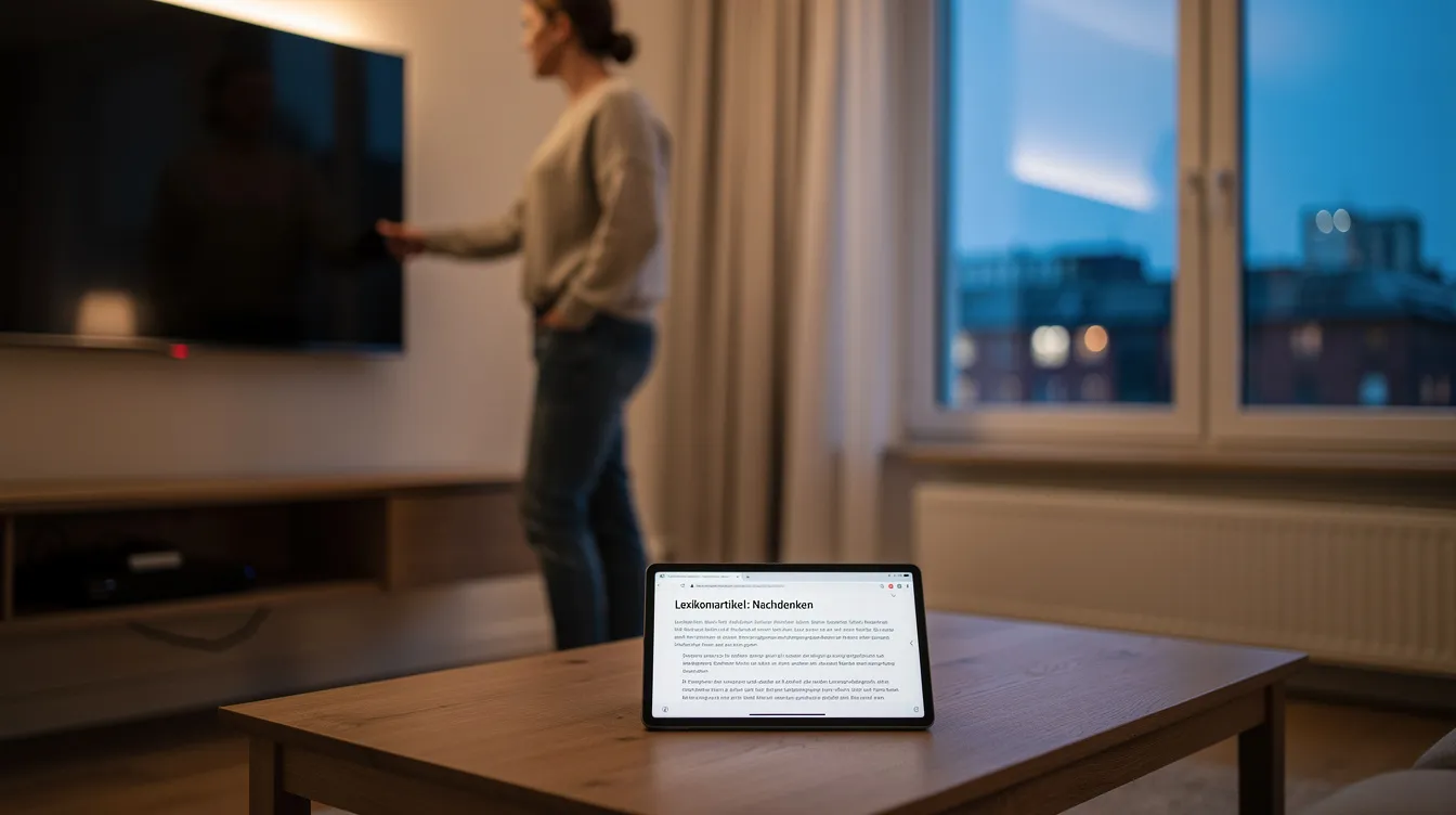 Eine nachdenkliche Person schaltet den Fernseher aus und blickt aus dem Fenster, während auf dem Couchtisch ein Tablet mit einem geöffneten Lexikon-Artikel liegt. Diese Szene spiegelt die Faszination und Abneigung wider, die Menschen gegenüber bestimmten Fernsehsendungen empfinden, und könnte das Phänomen des "Hate Watching" thematisieren.