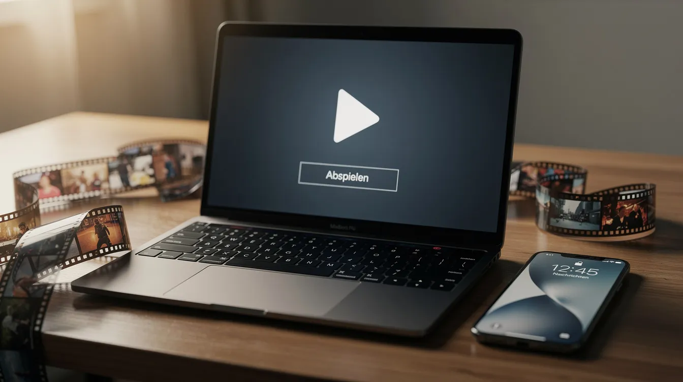 Ein aufgeklappter Laptop steht auf einem Schreibtisch, auf dessen Bildschirm ein leuchtender Play-Button zu sehen ist. Umgeben von Filmstreifen und einem Smartphone strahlt die Szene eine einladende Atmosphäre aus, die an eine neue Episode einer beliebten Web-Serie erinnert.