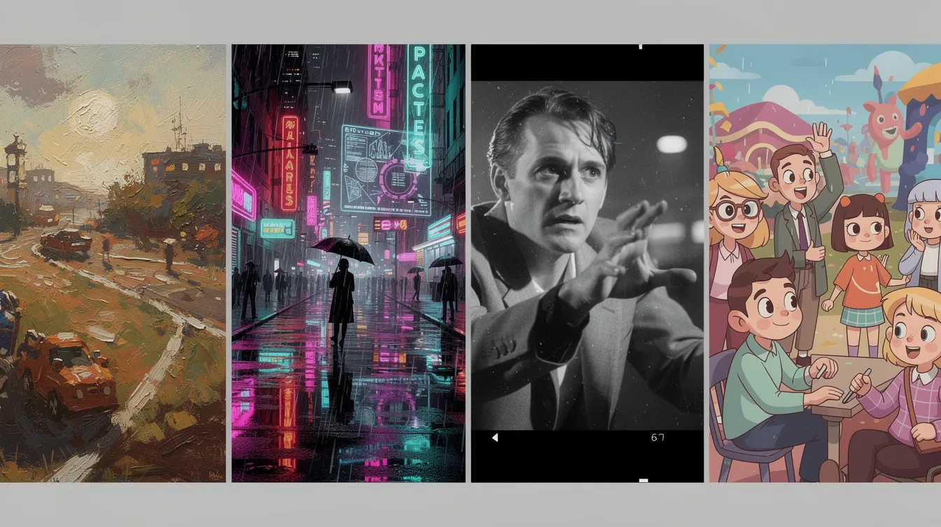 Die abstrakte Zusammenstellung zeigt verschiedene visuelle Stile nebeneinander: ein Ölgemälde-artiger Ausschnitt, ein neon-beleuchteter Cyberpunk-Straßenzug, ein schwarz-weißes Filmstill und eine bunte Animationsszene, die an die Vielfalt von Anthologieserien wie "Black Mirror" erinnert. Diese Kombination spiegelt die unterschiedlichen Genres und Erzählformen wider, die in modernen Serien adaptiert werden.