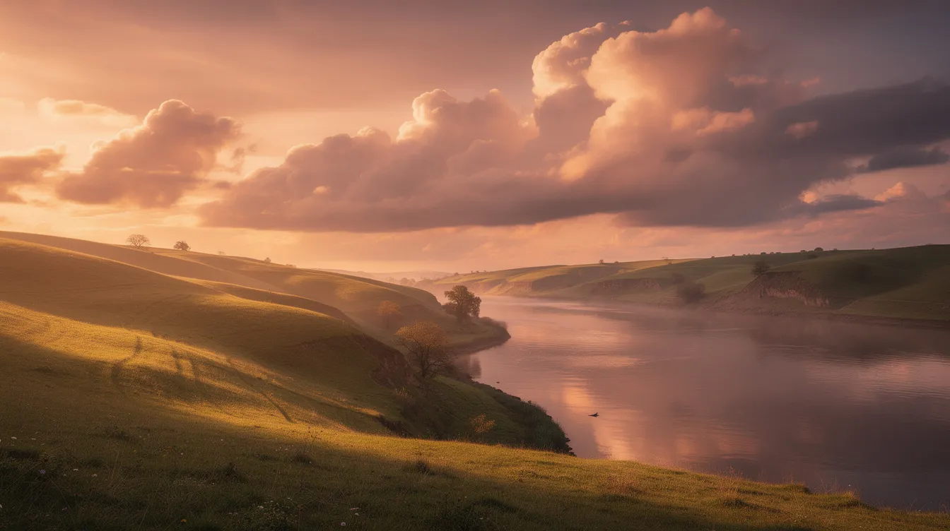Die weite Panoramalandschaft zeigt grüne Hügel, einen ruhigen Fluss und einen dramatischen Wolkenhimmel, der in warmen Farben des Sonnenuntergangs erstrahlt, und erinnert an die majestätischen Kulissen aus "Der Herr der Ringe". Diese filmisch beleuchtete Szene vermittelt ein Gefühl von Abenteuer und der fantastischen Welt Mittelerde.