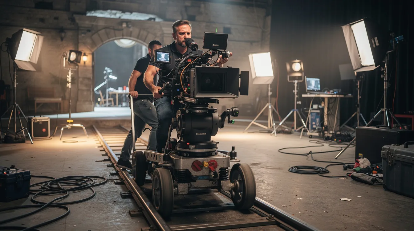 Die Aufnahme zeigt eine Kamera, die auf einer Dolly-Schiene montiert ist und sich durch ein Filmset bewegt, während ein Kameramann die Fahrt steuert. Im Hintergrund sind verschiedene Requisiten und Kulissen zu sehen, die für die dramatische Inszenierung des Films vorbereitet sind.