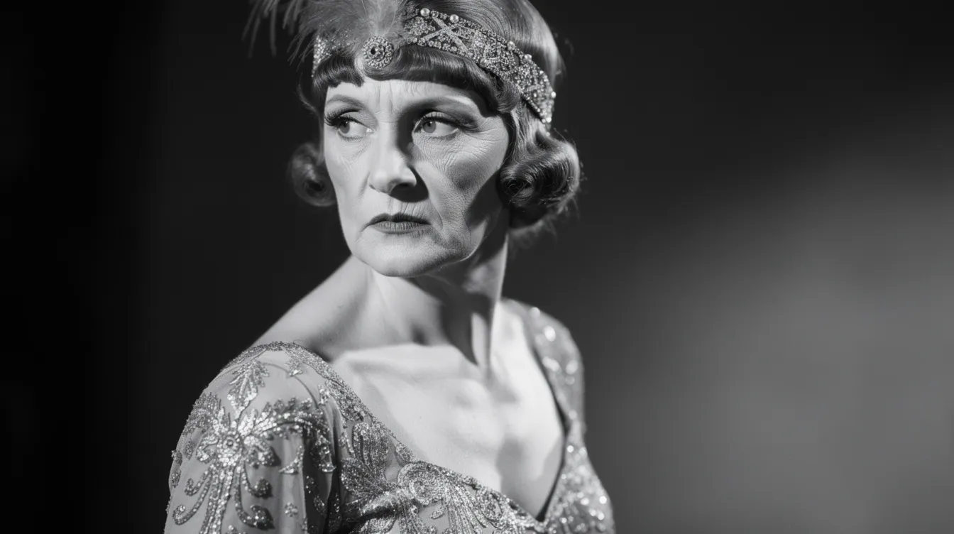 Das dramatische Porträt zeigt eine ältere Schauspielerin in einem opulenten 1920er-Jahre-Kleid, das in Schwarz-Weiß gehalten ist. Starke Schatten werfen ein geheimnisvolles Licht auf ihr Gesicht, was an die Atmosphäre von "Boulevard der Dämmerung" erinnert und die Eleganz sowie den Glanz vergangener Hollywood-Tage verkörpert.