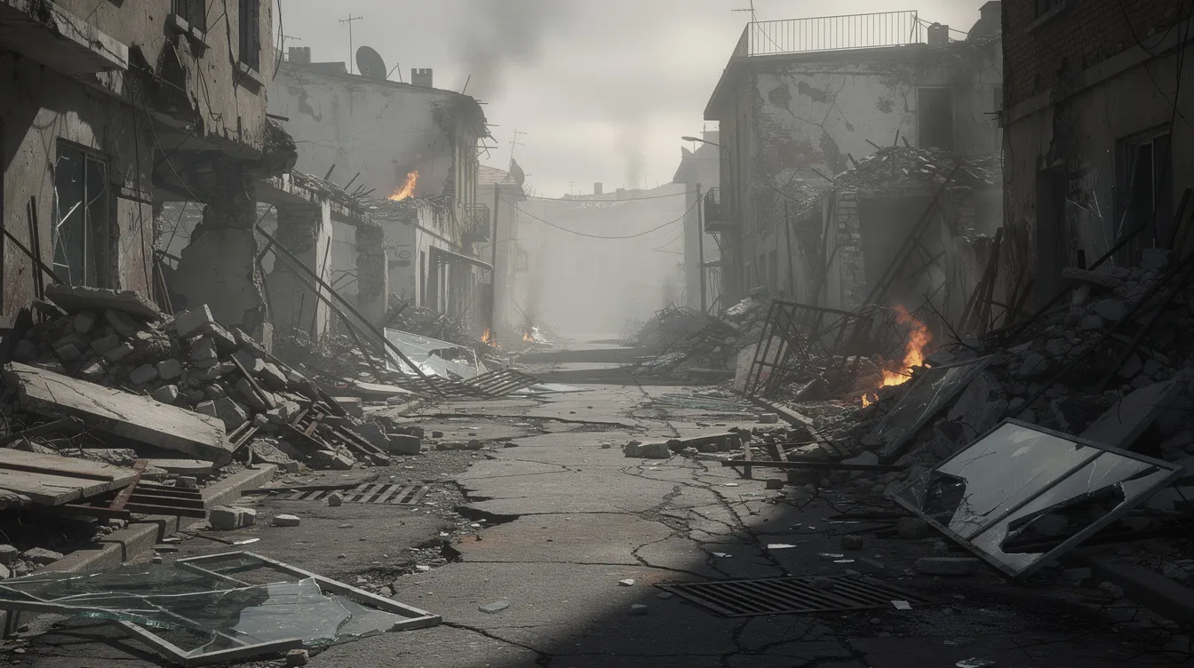 In der verlassenen Straße sind zerstörte Gebäudefassaden und Trümmerhaufen zu sehen, umgeben von Rauch und diffusem Licht, die an die dramatischen Szenen des Untergangs des Dritten Reiches erinnern. Die Atmosphäre vermittelt ein Gefühl von Krieg und Zerstörung, als ob die Stadt Zeuge eines tragischen Kapitulationsmoments wurde.