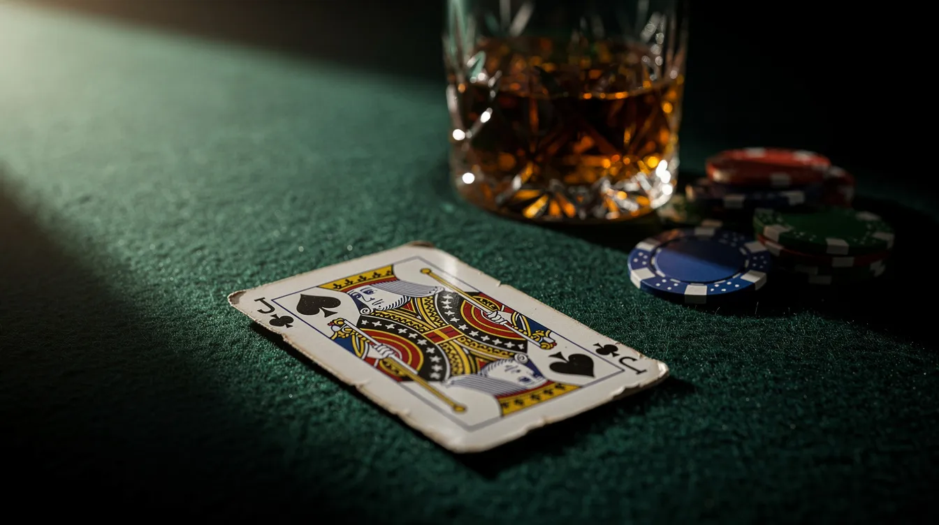 Die Nahaufnahme zeigt eine Bube-Spielkarte, die auf einem dunkelgrünen Filz liegt, beleuchtet von dramatischem Seitenlicht. Im unscharfen Hintergrund sind ein Whiskyglas und Pokerchips zu erkennen, die eine gemütliche Spielatmosphäre vermitteln.
