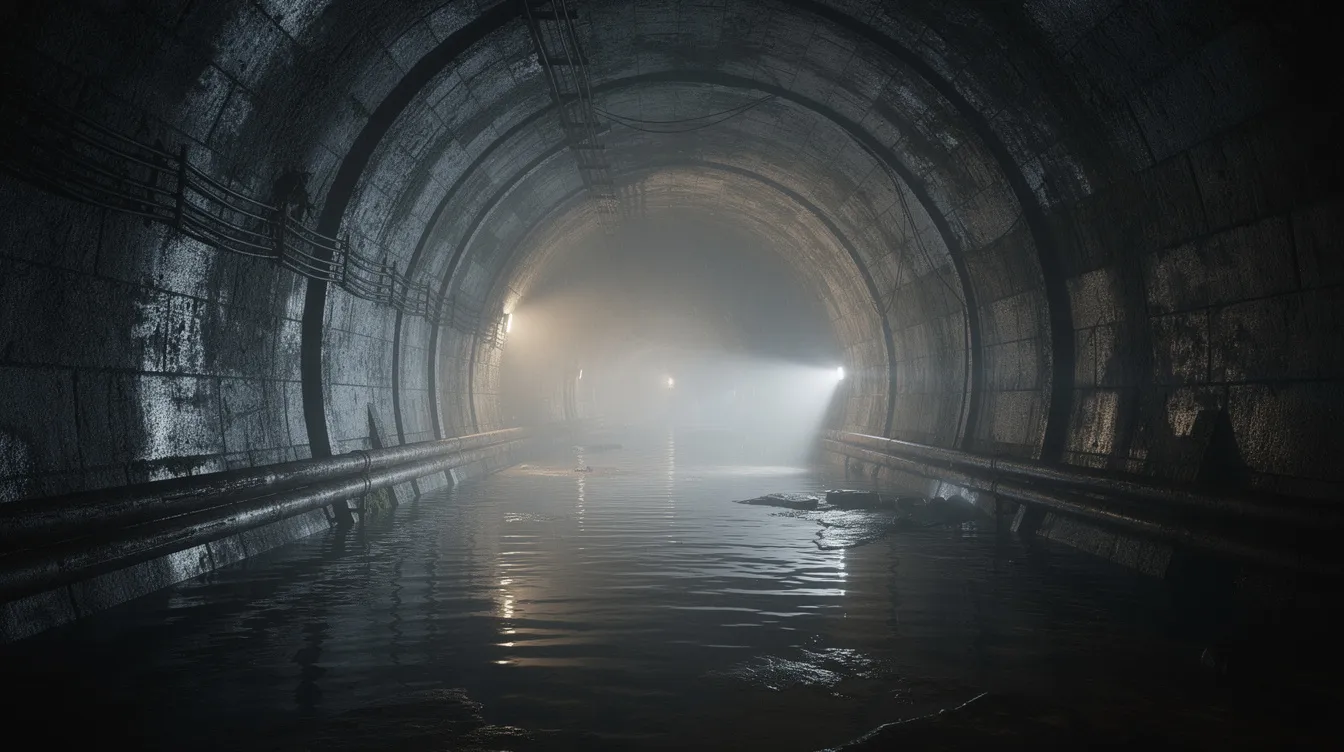 Ein dunkler, gewölbter Tunnel in einer unterirdischen Kanalisation ist mit Wasser bedeckt, das dramatische Lichtreflexe auf der nassen Oberfläche erzeugt. Diese geheimnisvolle Szenerie erinnert an die düstere Atmosphäre des Klassikers "Der dritte Mann", in dem Korruption und Geheimnisse in der Stadt Wien thematisiert werden.