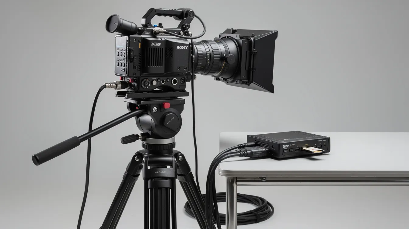 Auf dem Bild ist eine professionelle digitale Filmkamera auf einem stabilen Stativ zu sehen, umgeben von angeschlossenen Monitorkabeln und einem Kartenleser, der für die Datenverwaltung während der Filmproduktion verwendet wird. Diese Ausrüstung ist entscheidend für die Arbeit eines Digital Imaging Technicians (DIT) am Set, um die Bildqualität und die Datenintegrität zu gewährleisten.