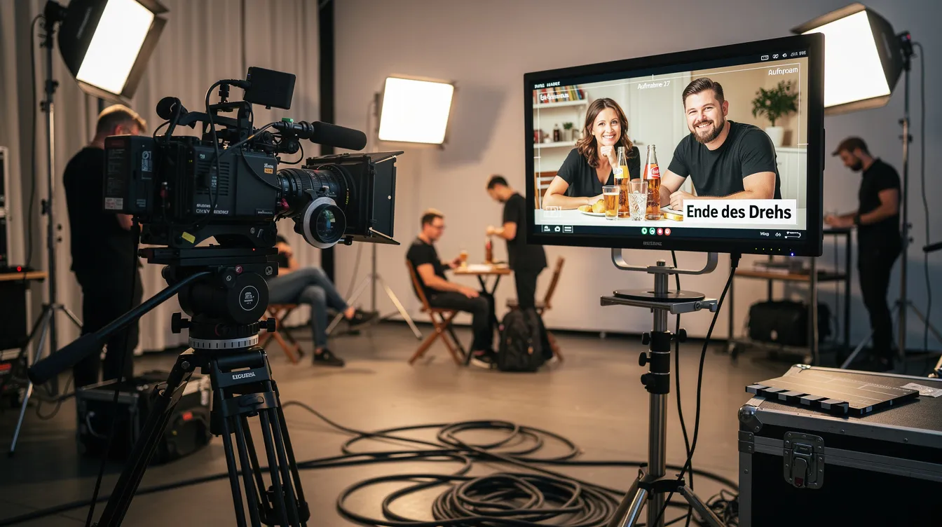 Das Bild zeigt ein Filmset mit einer Kamera und einem Monitor, auf dem das Ende eines Werbedrehs zu sehen ist. Der Monitor zeigt die letzten Szenen, während die Crew um die Kamera herum arbeitet und den Abschluss der Produktion vorbereitet.