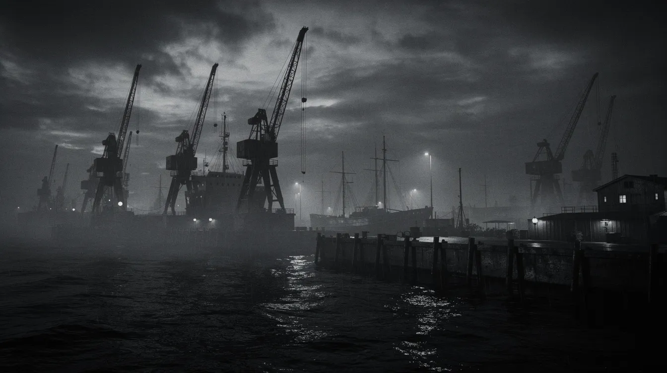 Eine düstere Hafen-Szene bei Nacht, beleuchtet im dramatischen Film Noir-Stil, zeigt Silhouetten von Kränen und Schiffsmasten vor einem bewölkten Himmel, während sich schwache Lichtreflexionen auf dem Wasser spiegeln. Diese Atmosphäre erinnert an die Spannung und die üblichen Verdächtigen eines Thrillers, die in Filmen wie "The Usual Suspects" zu finden sind.