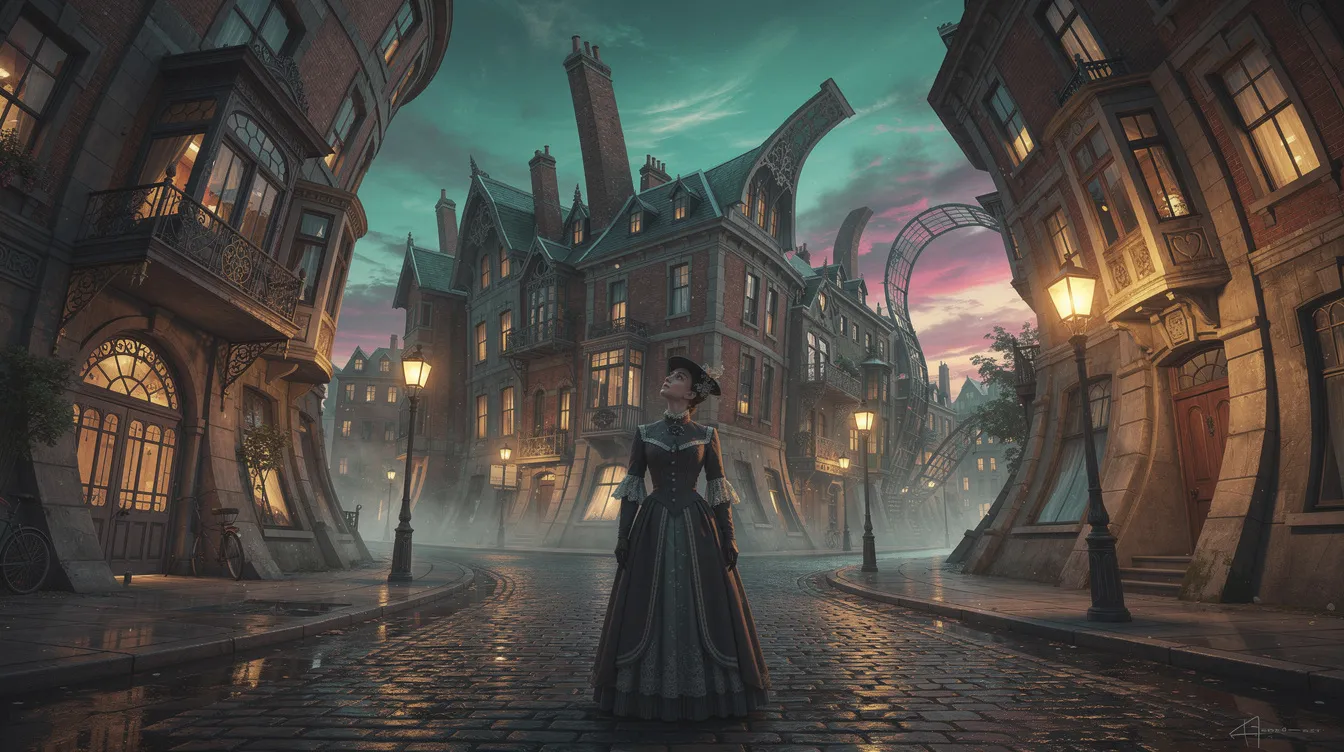 Die surreal wirkende Stadtlandschaft im viktorianischen Stil zeigt überdimensionierte Gebäude in leuchtenden Farben und verzerrten Perspektiven. Im Vordergrund steht eine einzelne Figur in historischem Kleid, die an eine Frau erinnert, während der Himmel über ihr lebhafte Farben reflektiert.