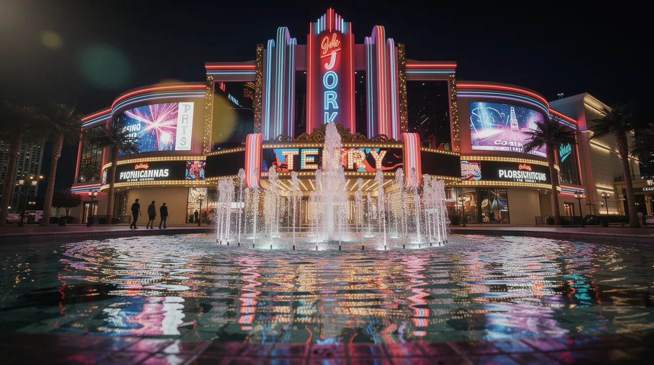 Das Bild zeigt ein neonbeleuchtetes Casinogebäude bei Nacht, umgeben von einer lebhaften Las-Vegas-Atmosphäre, während im Vordergrund ein beeindruckender Brunnen sprudelt. Die Szene vermittelt das Gefühl von Glamour und Spannung, das oft in Gaunerkomödien wie „Catch Me If You Can“ zu finden ist.