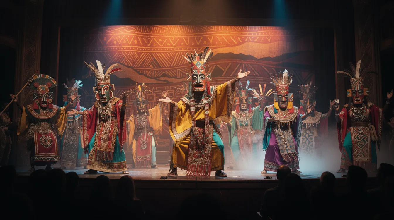 Die Theaterbühne zeigt aufwändig kostümierte Darsteller, die afrikanisch inspirierte Masken und farbenprächtige Gewänder tragen. Diese Szene erinnert an "Der König der Löwen" und vermittelt die lebendige Atmosphäre der Savanne, während die Figuren in einer musikalischen Darbietung agieren.