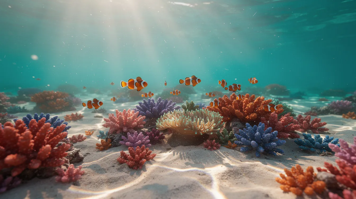 Die Unterwasserwelt zeigt ein lebendiges Korallenriff mit bunten Korallen und kleinen Clownfischen, während Sonnenstrahlen sanft durch die Wasseroberfläche fallen. Diese Szenerie erinnert an die faszinierenden Animationen von Pixar-Filmen wie "Findet Nemo".