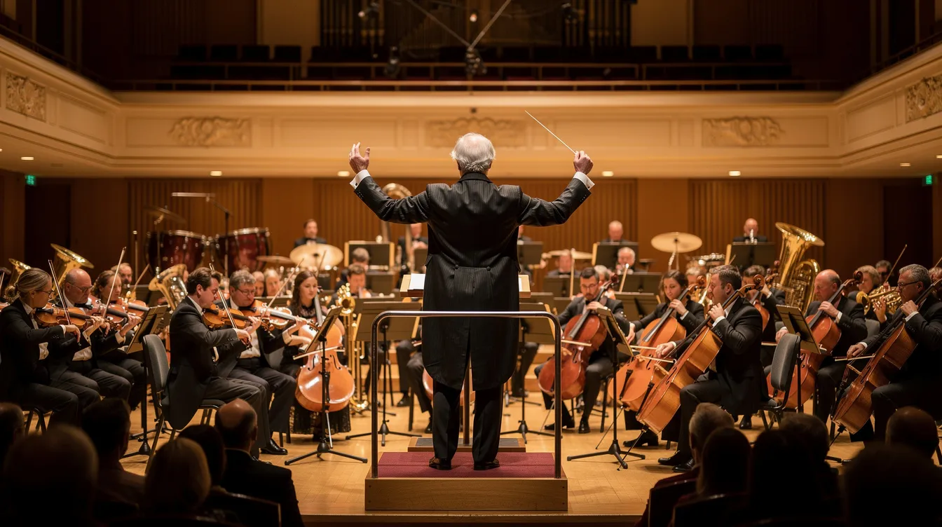 Ein älterer Dirigent steht von hinten betrachtet vor einem großen Sinfonieorchester in einem warm beleuchteten Konzertsaal. Die Szene vermittelt ein Gefühl von musikalischer Leidenschaft und Meisterschaft, während die Klänge von Morricones berühmten Kompositionen durch den Raum schwingen.