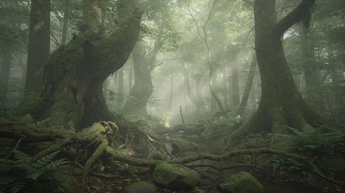 Ein moosbedeckter japanischer Urwald mit uralten Bäumen und Farnen, in dem sanfte Nebelschleier zwischen den Stämmen schweben. Weiches grünes Licht fällt durch das Blätterdach und schafft eine mystische Atmosphäre, die an die Welt von „Prinzessin Mononoke“ erinnert.