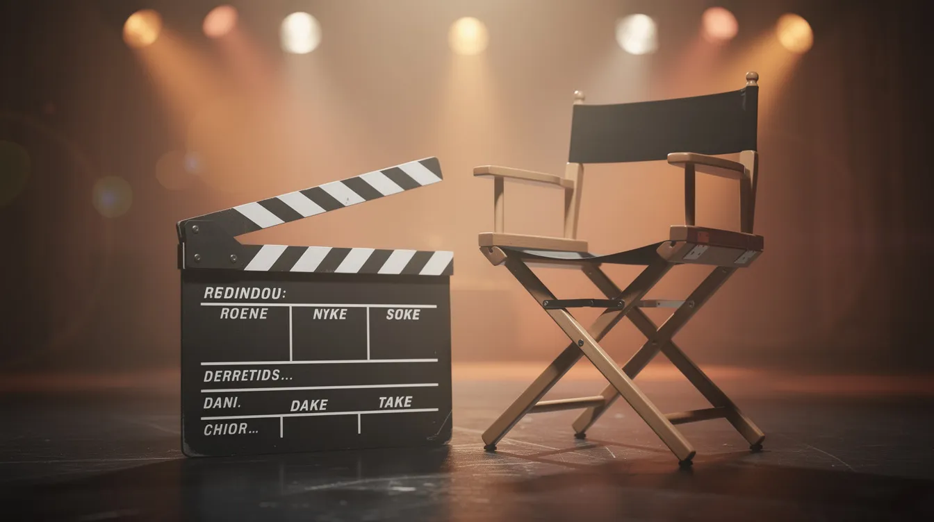 Das Bild zeigt eine stilisierte Filmklappe und einen Regiestuhl, die vor einem warmen Bühnenlicht platziert sind. Diese Szene vermittelt das kreative Ambiente eines Filmsets und erinnert an die Themen von "Ziemlich beste Freunde" und die Freundschaft zwischen den Protagonisten Philippe und Driss.