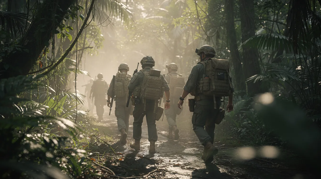 Eine Gruppe von Soldaten mit Helmen und Rucksäcken marschiert durch einen dichten, nebligen tropischen Dschungel, während Tageslicht durch das Blätterdach fällt. Die Szenerie erinnert an den Vietnamkrieg und könnte aus einem Antikriegsfilm wie dem von Oliver Stone stammen.