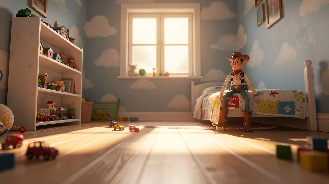 Das Bild zeigt ein Kinderzimmer mit blauen Wänden, die mit weißen Wolken bemalt sind. Auf Regalen sind viele Spielzeuge zu sehen, während ein Bett mit einer Cowboyfigur, wie Woody, in warmem Sonnenlicht steht, das durch das Fenster strömt.