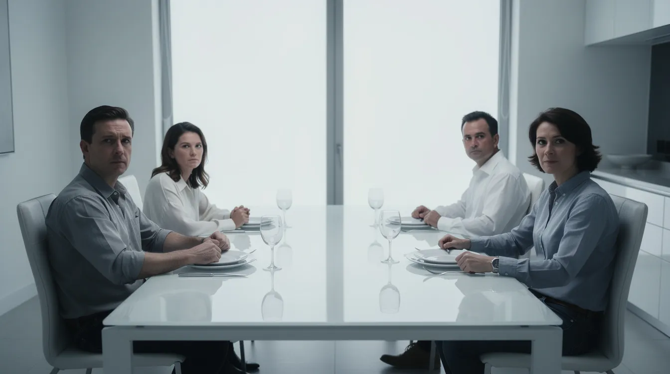 Eine vierköpfige Familie sitzt steif und schweigend an einem perfekt gedeckten Esstisch in einem modernen, sterilen Esszimmer, das an die Atmosphäre des Films "American Beauty" erinnert. Die Gesichter der Familienmitglieder sind ausdruckslos, was die Spannung und das Gefühl der Entfremdung in ihrem Leben widerspiegelt.