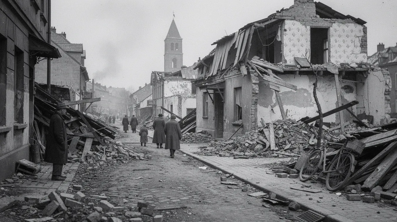 Die Bildbeschreibung zeigt zerstörte Häuserfassaden einer europäischen Stadt nach dem Zweiten Weltkrieg, umgeben von Trümmern auf der Straße, während Passanten in Wintermänteln vorbeigehen. Diese Szenerie erinnert an die düstere Atmosphäre des Klassikers „Der dritte Mann“, in dem die Nachkriegszeit und die damit verbundene Korruption thematisiert werden.