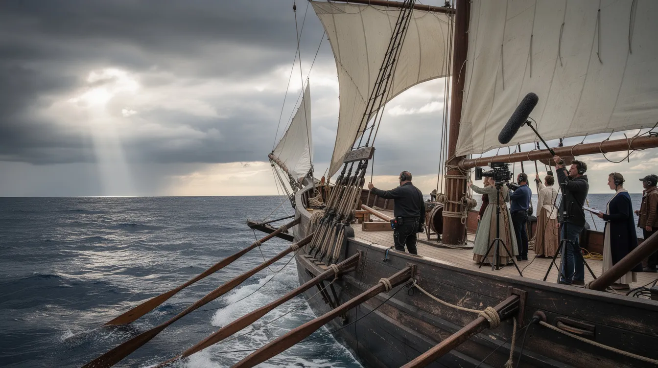 Ein hölzernes antikes Schiff mit Segeln und Rudern fährt auf offener See, während dramatische Wolken den Himmel bedecken. An Bord befindet sich eine Filmcrew, die möglicherweise an einer Adaption von Homers "Die Odyssee" arbeitet, was an die epischen Themen des Films erinnert.