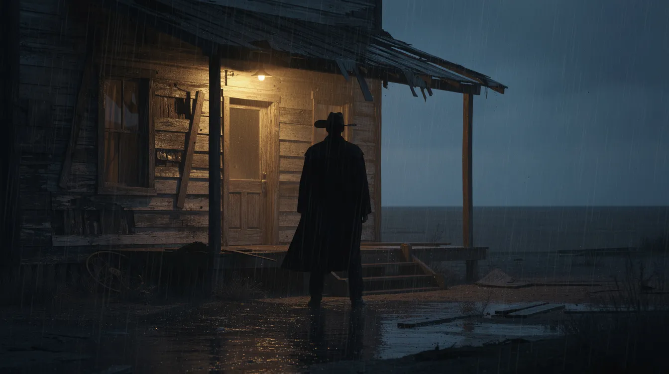 Die Silhouette eines einsamen Cowboys mit Hut und langem Mantel steht im strömenden Regen vor einem heruntergekommenen Holzgebäude, was eine düstere Abendstimmung erzeugt, die an die Atmosphäre klassischer Spätwestern erinnert. Diese Szene könnte aus einem Film wie "Unforgiven" stammen, in dem Themen wie Tod und Einsamkeit im Mittelpunkt stehen.