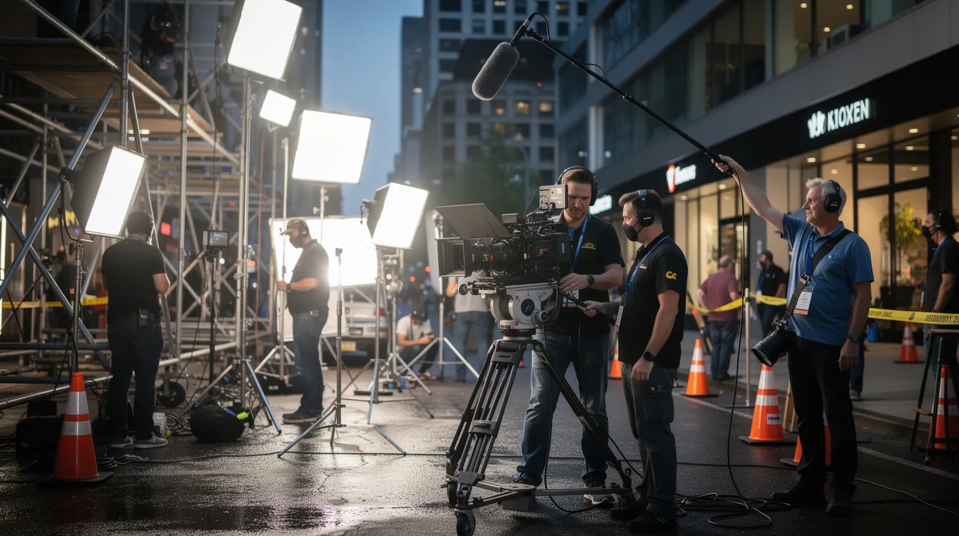 Ein Filmteam arbeitet mit großem Kameraequipment auf einer Stadtstraße, die mit Gerüsten und hellen Produktionslichtern ausgestattet ist. Die Szene erinnert an die aufregenden Abenteuer von Spider-Man in New York, während die Crew die Action für den nächsten Blockbuster vorbereitet.