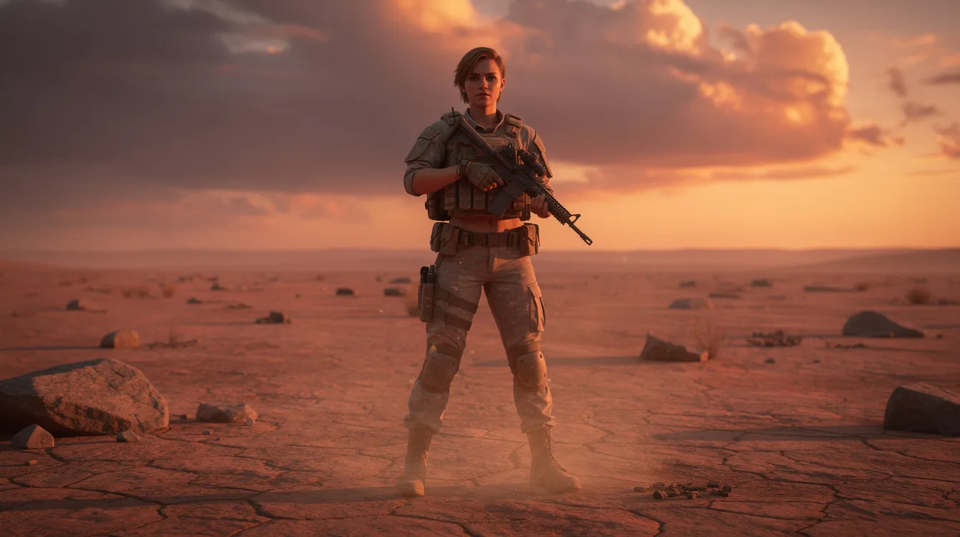 Eine athletische Frau mit kurzem Haar in militärischer Kleidung steht entschlossen in einer kargen Wüstenlandschaft bei Sonnenuntergang. Diese Szene erinnert an die Charaktere aus "Terminator 2: Tag der Abrechnung", wo der Widerstand gegen die Maschinen im Mittelpunkt steht.