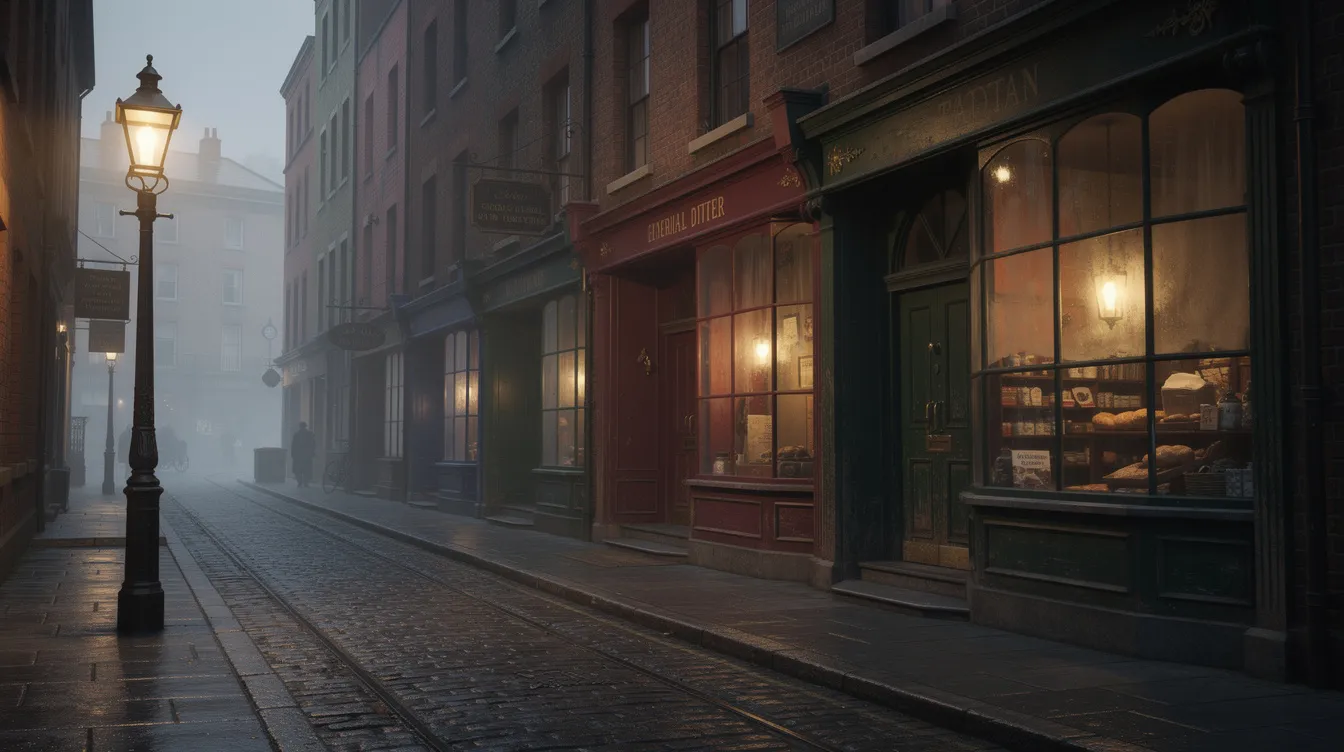 Die viktorianische Backsteinstraße in London um 1900 zeigt Kopfsteinpflaster, eine Gaslaterne und alte Geschäfte, die an die Filmgeschichte und den Stil von Alfred Hitchcock erinnern. Diese Atmosphäre vermittelt ein Gefühl von Spannung und Nostalgie, das typisch für die Werke des Meisterregisseurs ist.