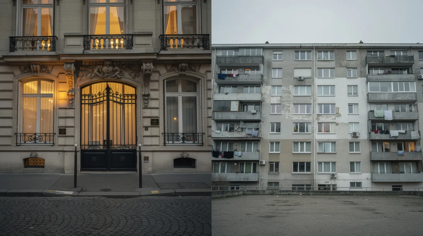 Das Bild zeigt den Kontrast zwischen einem eleganten, luxuriösen Pariser Stadthaus mit einem hohen Eingangstor und einem modernen Vorstadthochhaus mit einem Betonbalkon, die nebeneinander in einem geteilten Format angeordnet sind. Diese Darstellung spiegelt die sozialen Unterschiede wider, die auch in der Handlung von "Ziemlich beste Freunde" zwischen den Figuren Philippe und Driss thematisiert werden.
