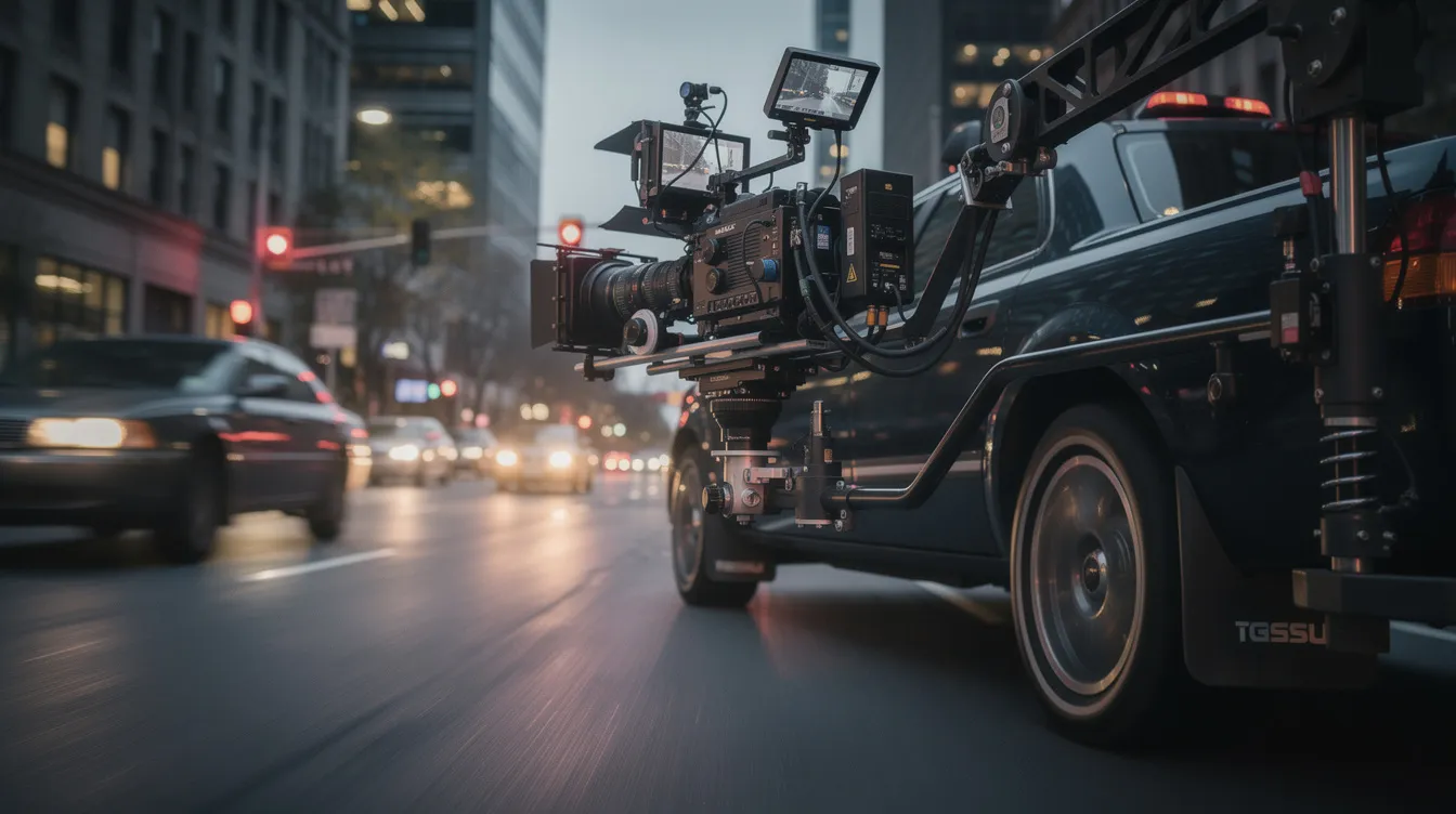 Eine Filmkamera ist auf einem speziellen Fahrzeug-Rig montiert und fängt die spannenden Momente einer Verfolgungsjagd-Szene auf einer Straße ein. Das Bild vermittelt das Gefühl von Action und Geschwindigkeit, während das Filmteam mit Leidenschaft an der Produktion arbeitet.