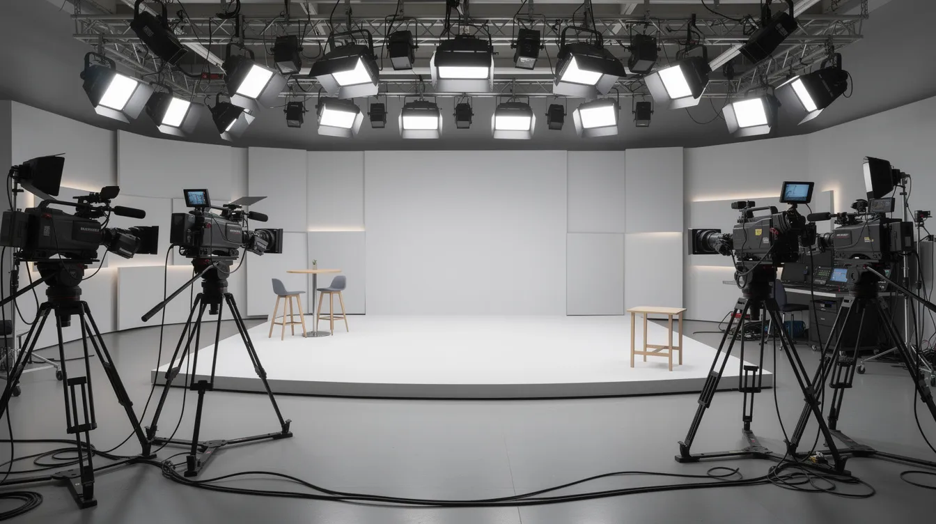 Das Bild zeigt ein neutral gestaltetes Reality-TV-Set mit Scheinwerfern und Kameras, das bereit für die Aufzeichnung einer neuen Fernsehsendung ist. Die leere Bühne vermittelt eine Atmosphäre der Erwartung, während die Technik im Hintergrund auf die Produktion von Inhalten für Fans und Hater hinweist.
