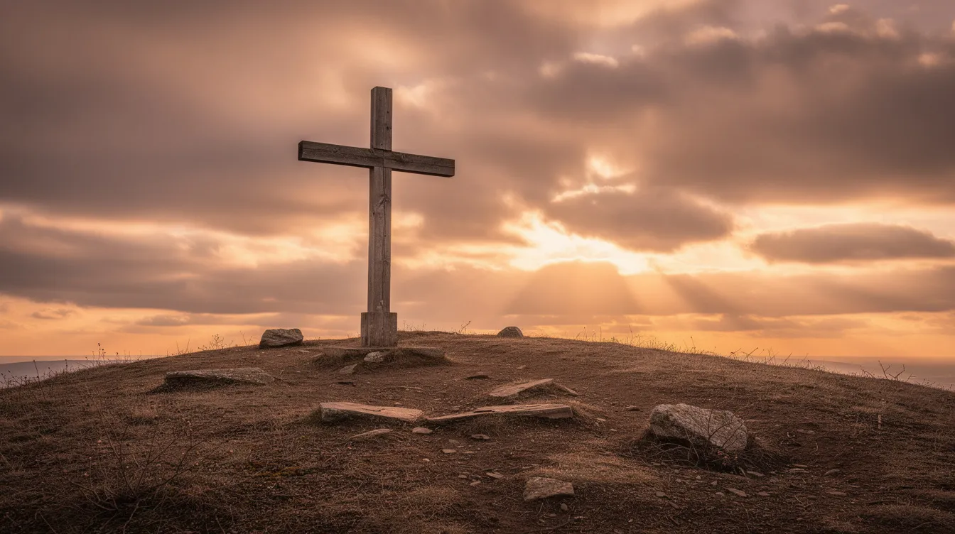 Ein hölzernes Kreuz steht auf einer kargen Anhöhe, umgeben von einem dramatischen Wolkenhimmel, während die warmen Lichtstrahlen der untergehenden Sonne die Szene erleuchten. Diese eindrucksvolle Darstellung erinnert an die epischen Themen aus dem Film "Ben Hur", der die Geschichte von Judah Ben Hur und seinem Leben erzählt.