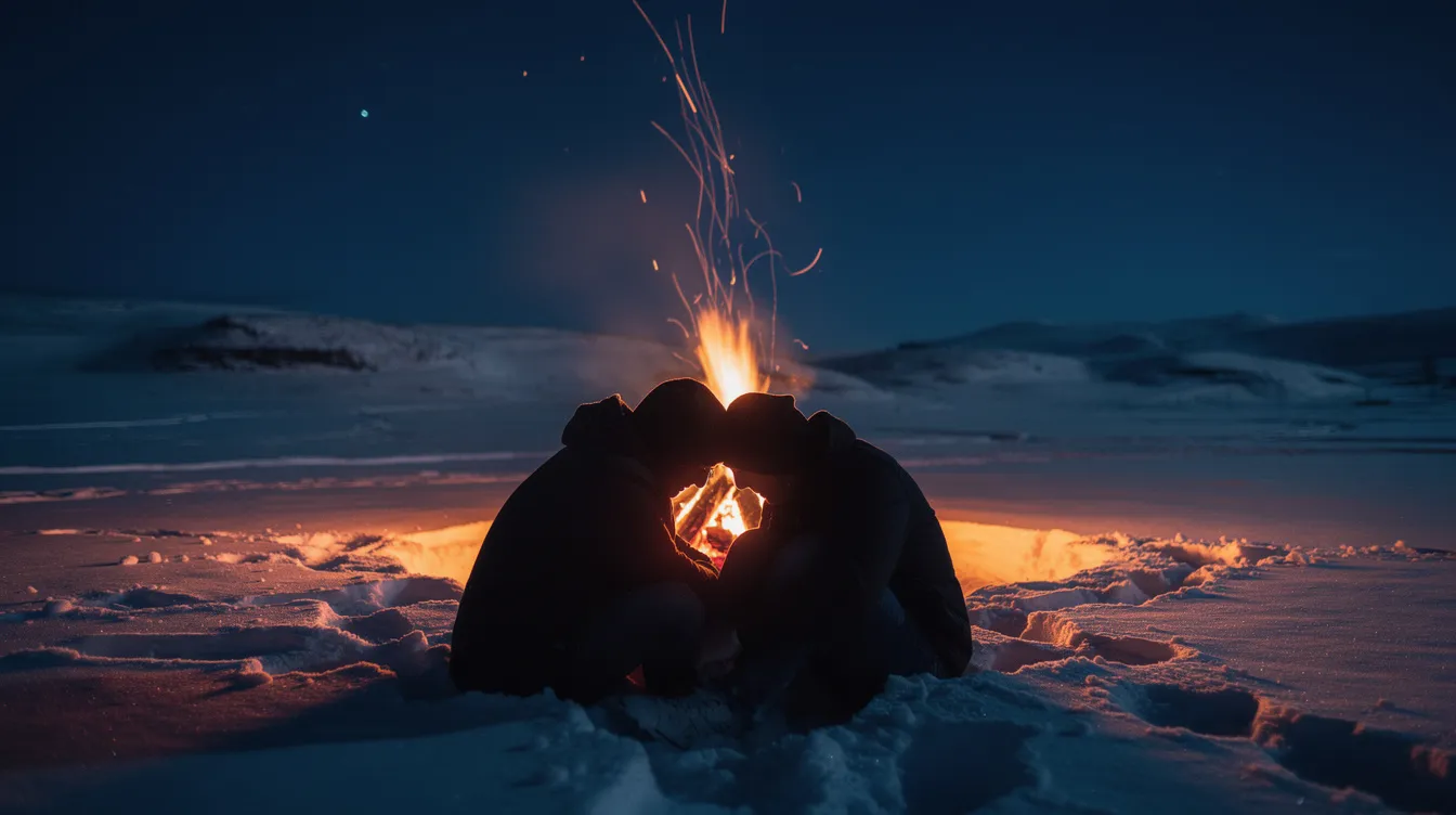 Zwei dunkle Silhouetten sitzen erschöpft im Schnee, während im Hintergrund ein orangerotes Feuer gegen den nachtblauen Himmel lodert. Diese Szene erinnert an die düstere Atmosphäre des Science-Fiction-Horrorfilms "The Thing" von John Carpenter, in dem Wissenschaftler in einer Forschungsstation am Südpol mit einer außerirdischen Lebensform konfrontiert werden.