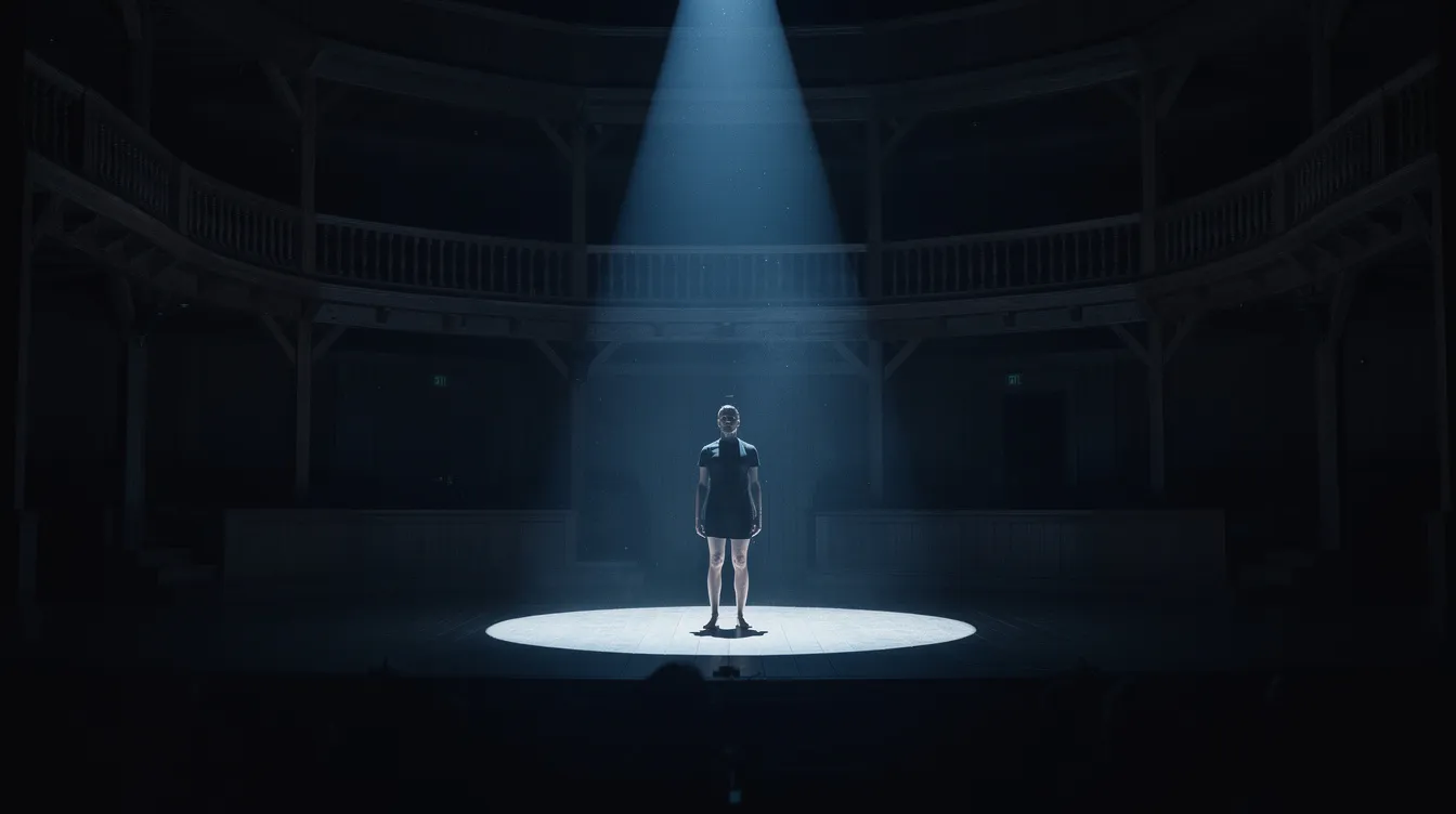 Die Theaterbühne ist in einem dunklen Blaulicht beleuchtet, wobei ein einzelnes Spotlight auf einen Darsteller in der Mitte gerichtet ist. Im Hintergrund sind Holzgalerien sichtbar, die die Atmosphäre eines Broadway-Musicals wie "Hamilton" unterstreichen.