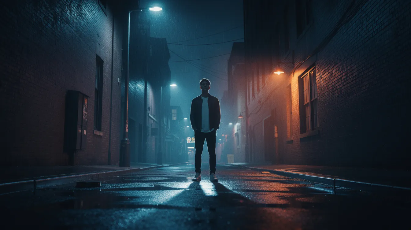 Ein junger Mann steht in einer urbanen Gasse bei Nacht, umgeben von Straßenlaternen, die lange Schatten werfen. Die filmische Beleuchtung in Blau- und Orangetönen schafft eine stimmungsvolle Atmosphäre, die das Thema der Stadt und das Leben der Menschen in dieser Umgebung unterstreicht.
