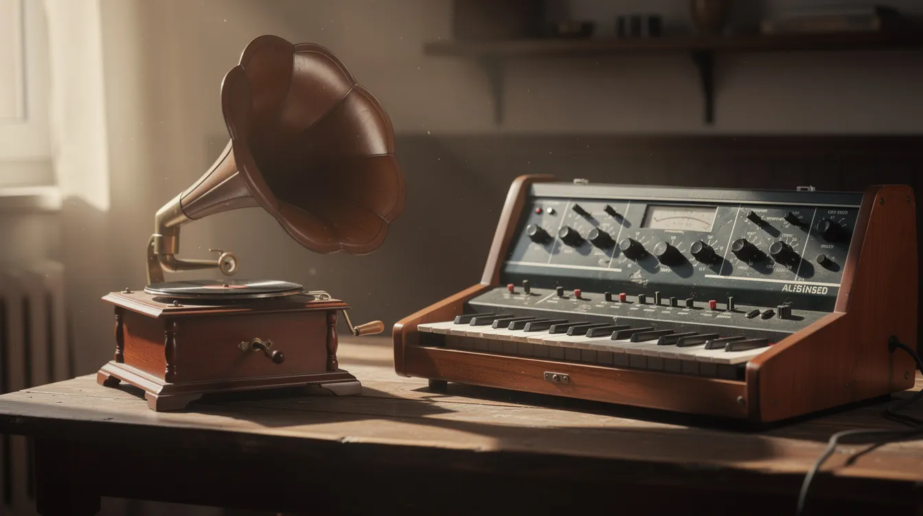 Das Bild zeigt ein klassisches Grammophon neben einem Vintage-Synthesizer auf einem Holztisch, beleuchtet von warmem Seitenlicht. Diese nostalgische Anordnung erinnert an die Verbindung von Musik und Film, wie sie in "Uhrwerk Orange" von Stanley Kubrick zu finden ist.