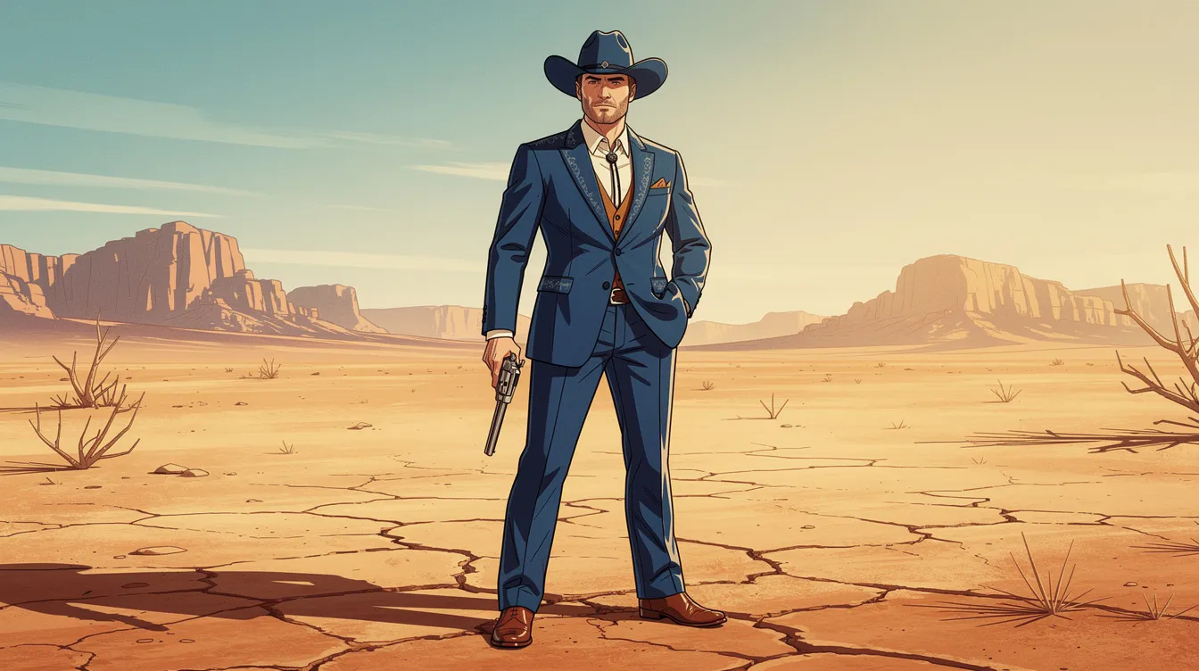 Die stilisierte Figur eines elegant gekleideten Cowboys in einem blauen Anzug steht selbstbewusst in einer kargen Wüstenlandschaft, mit einem Revolver in der Hand. Diese Darstellung erinnert an die Charaktere aus Quentin Tarantinos Film "Django Unchained", insbesondere an Calvin Candie, gespielt von Leonardo DiCaprio.