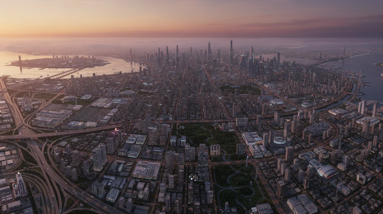 Die Supertotale zeigt eine beeindruckende Stadtlandschaft, in der Menschen in verschiedenen Entfernungen zu sehen sind, während sie sich in der urbanen Umgebung bewegen. Die Bildgestaltung vermittelt einen umfassenden Überblick über die Szenerie und die Handlung, die sich in diesem Schauplatz entfaltet.