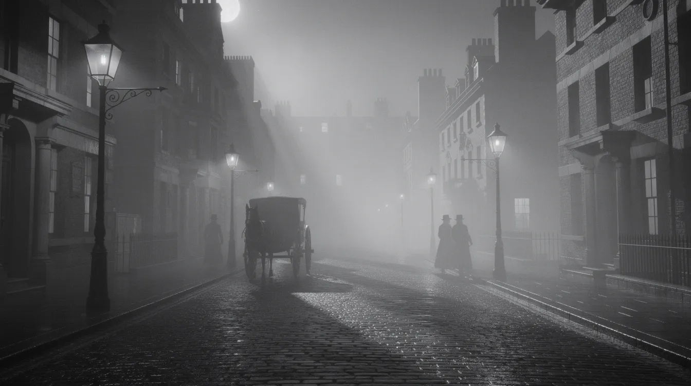 Die neblige Straßenszene im viktorianischen London zeigt Gaslaternen, die schwaches Licht auf das Kopfsteinpflaster werfen, und vermittelt eine geheimnisvolle Atmosphäre, die an die düstere Geschichte von John Merrick, dem Elefantenmenschen, erinnert. Diese Schwarzweiß-Ansicht spiegelt die Zeit wider, in der die Herausforderungen des Lebens und die Unterstützung durch Figuren wie Dr. Frederick Treves von großer Bedeutung waren.