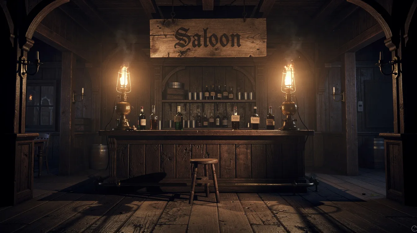 Der dunkle Innenraum eines historischen Saloons ist nur schwach durch zwei Öllampen beleuchtet, wodurch lange Schatten auf den Holzwänden entstehen. Im Hintergrund steht ein Tresen, der an die Atmosphäre klassischer Westernfilme erinnert, in denen Figuren wie William Munny und Sheriff Little Bill Daggett um Macht und Gerechtigkeit kämpfen.